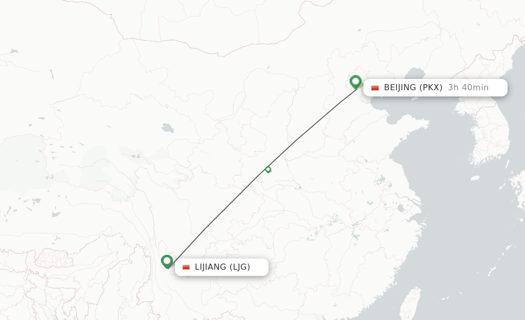 Flights from Lijiang to Beijing route map