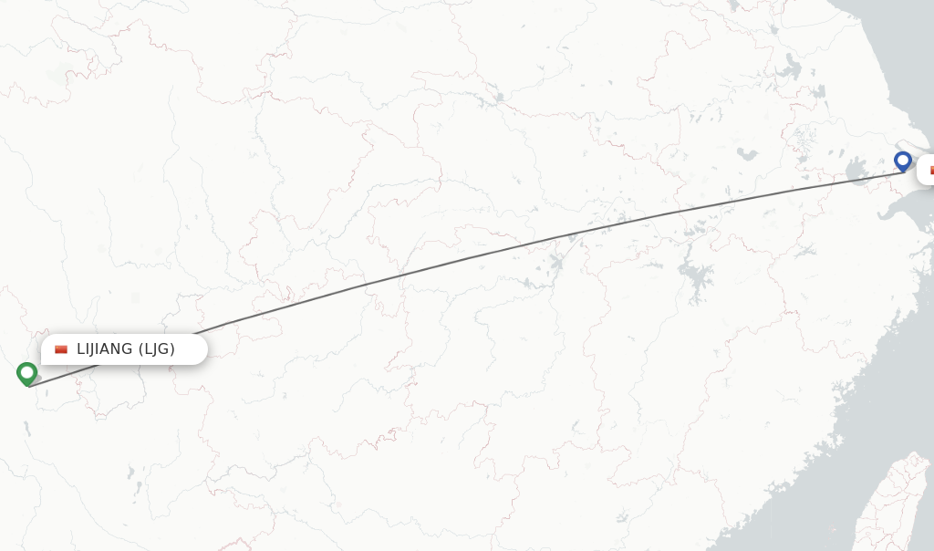 Flights from Lijiang to Shanghai route map