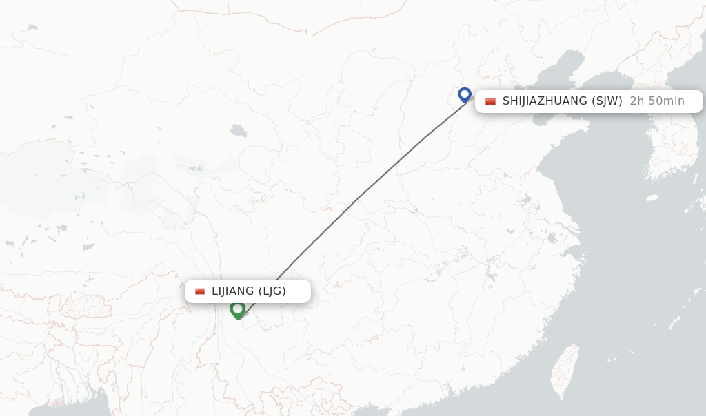 Flights from Lijiang to Shijiazhuang route map