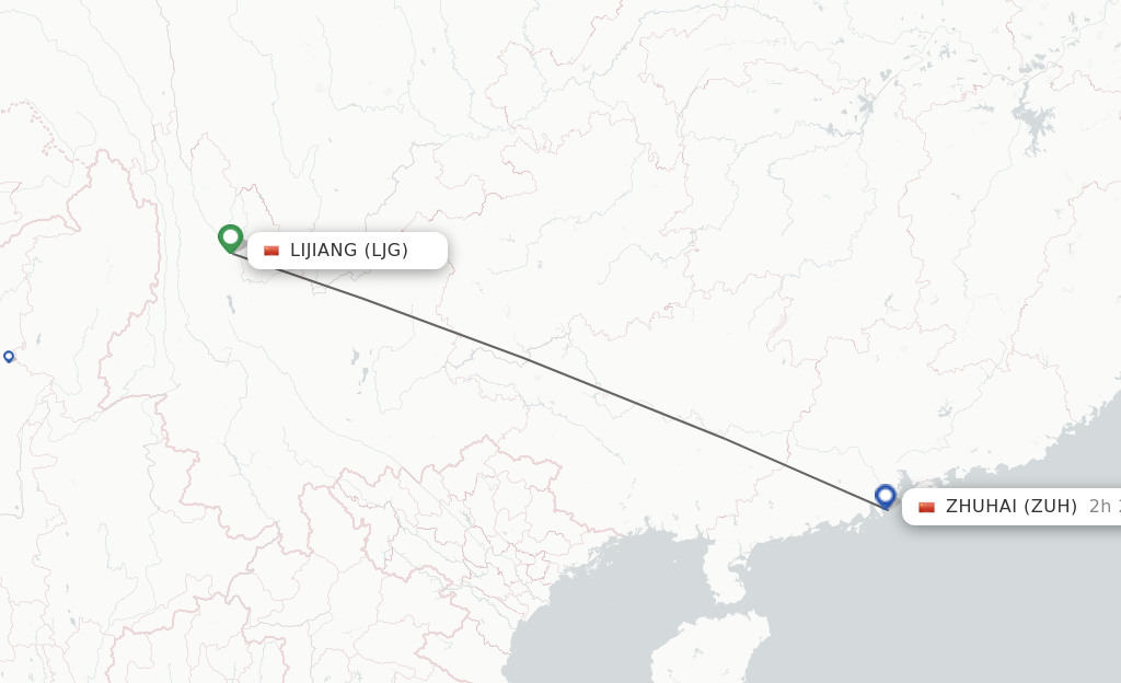 Flights from Lijiang to Zhuhai route map