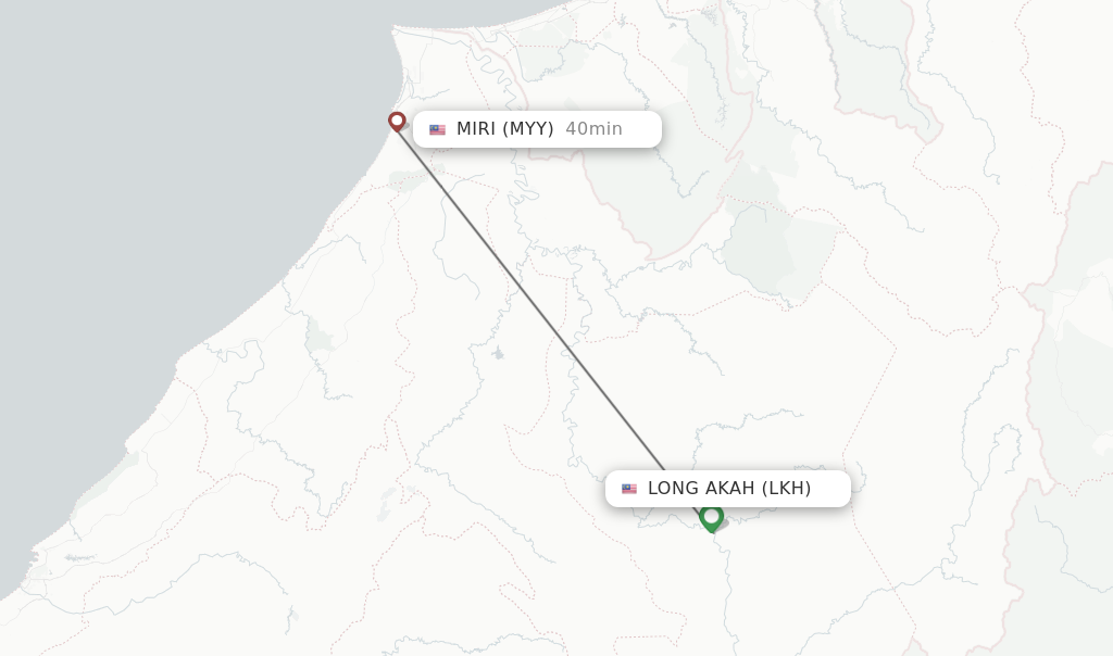 Flights from Long Akah to Miri route map