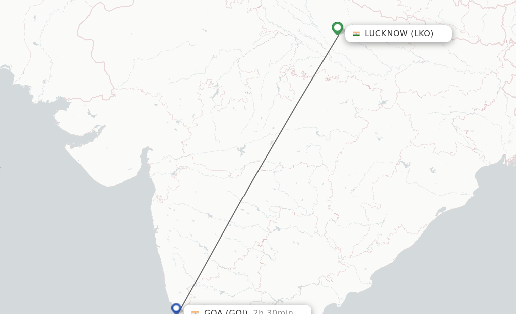 Flights from Lucknow to Goa route map
