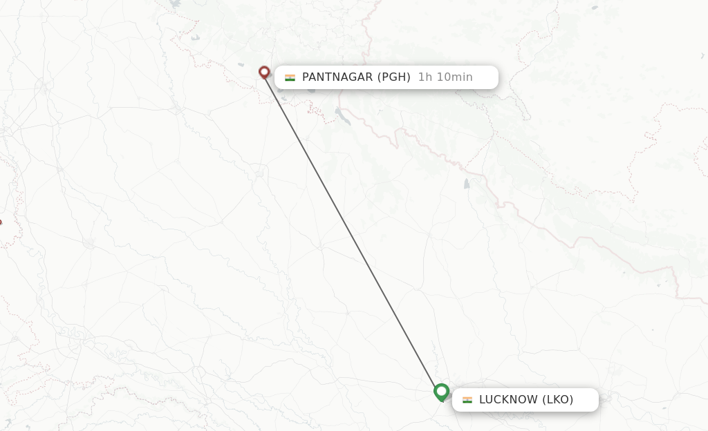 Flights from Lucknow to Pantnagar route map