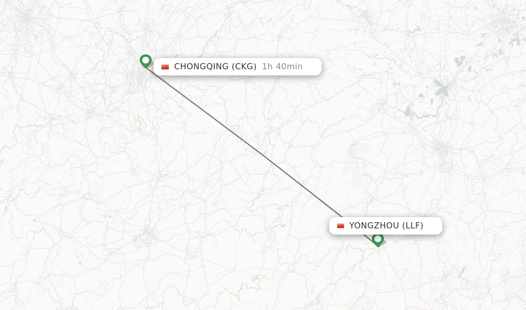 Flights from Yongzhou to Chongqing route map