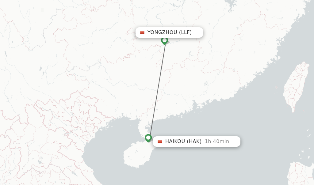 Flights from Yongzhou to Haikou route map