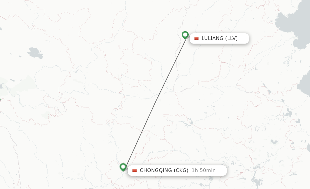 Flights from Luliang to Chongqing route map