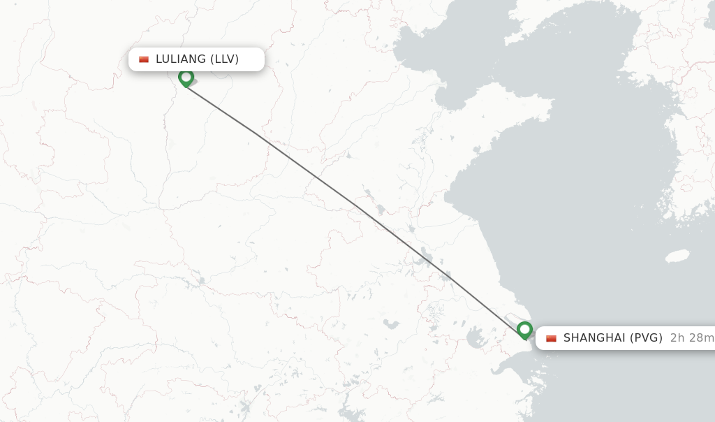 Flights from Luliang to Shanghai route map