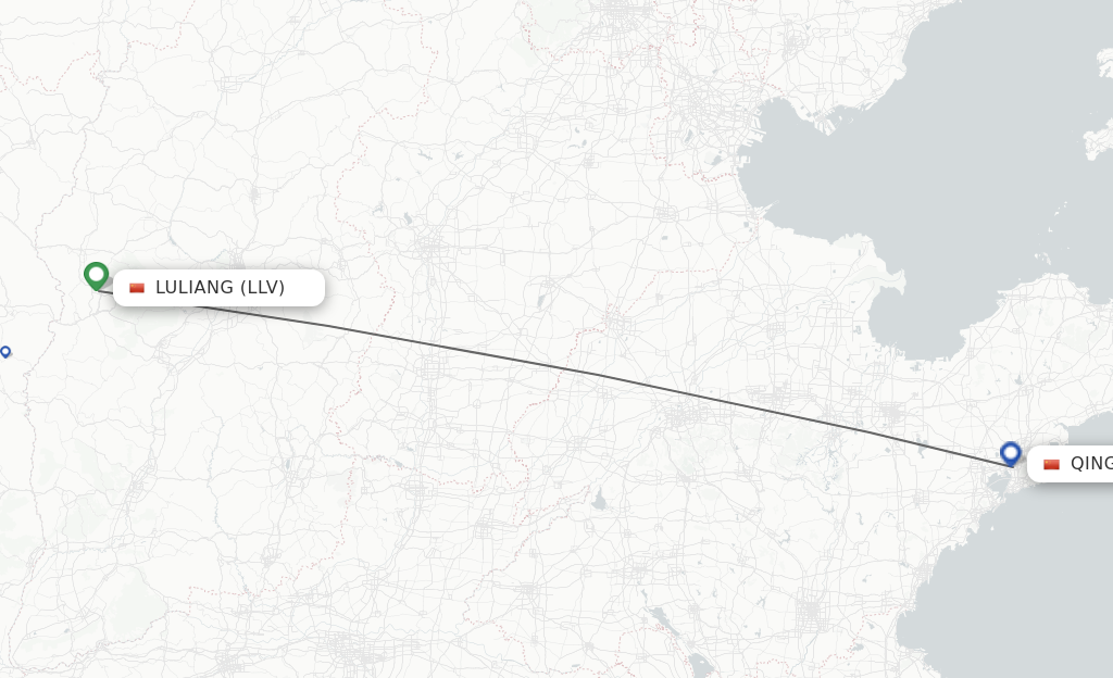 Flights from Luliang to Qingdao route map