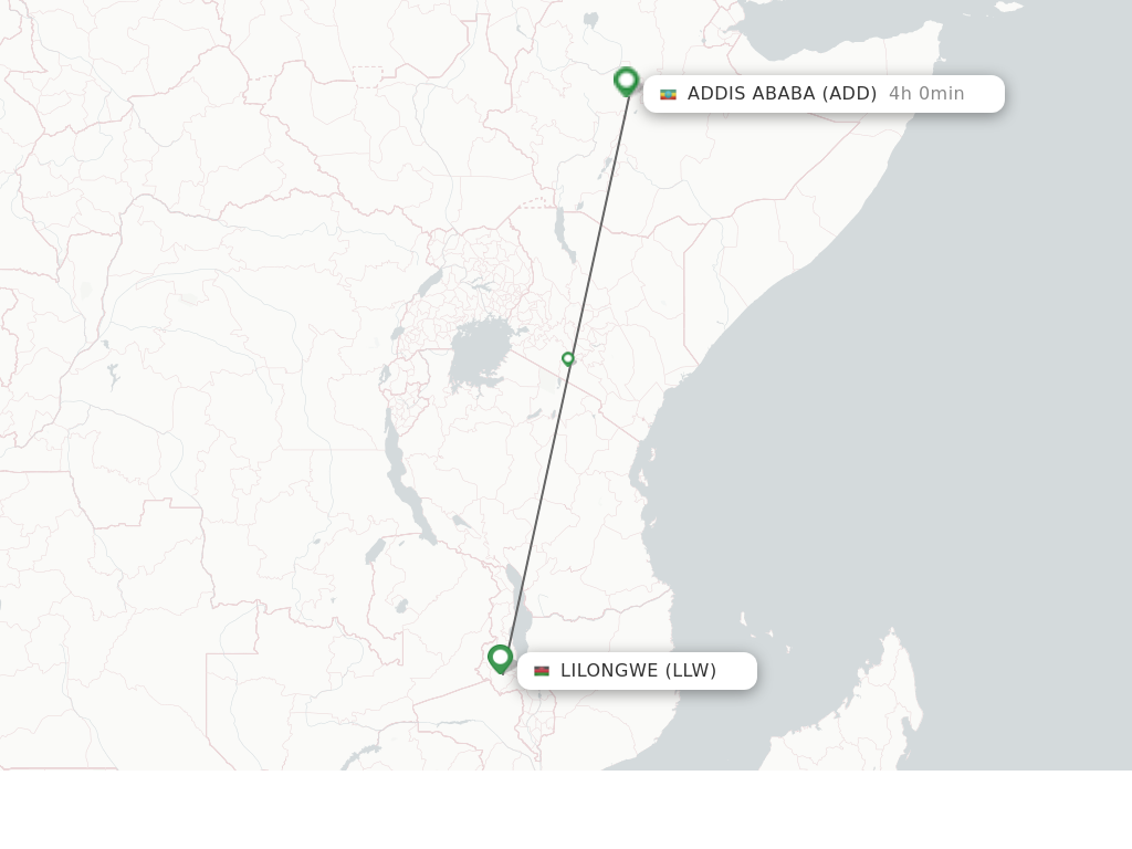 Flights from Lilongwe to Addis Ababa route map