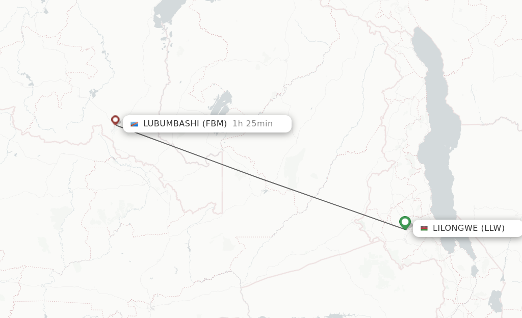 Flights from Lilongwe to Lubumbashi route map