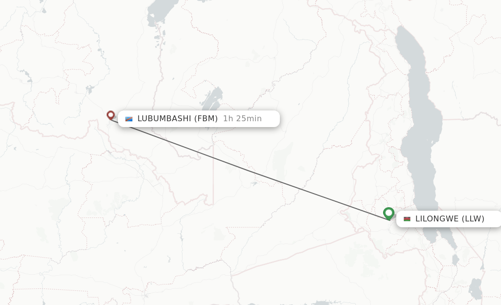 Flights from Lubumbashi to Lilongwe route map