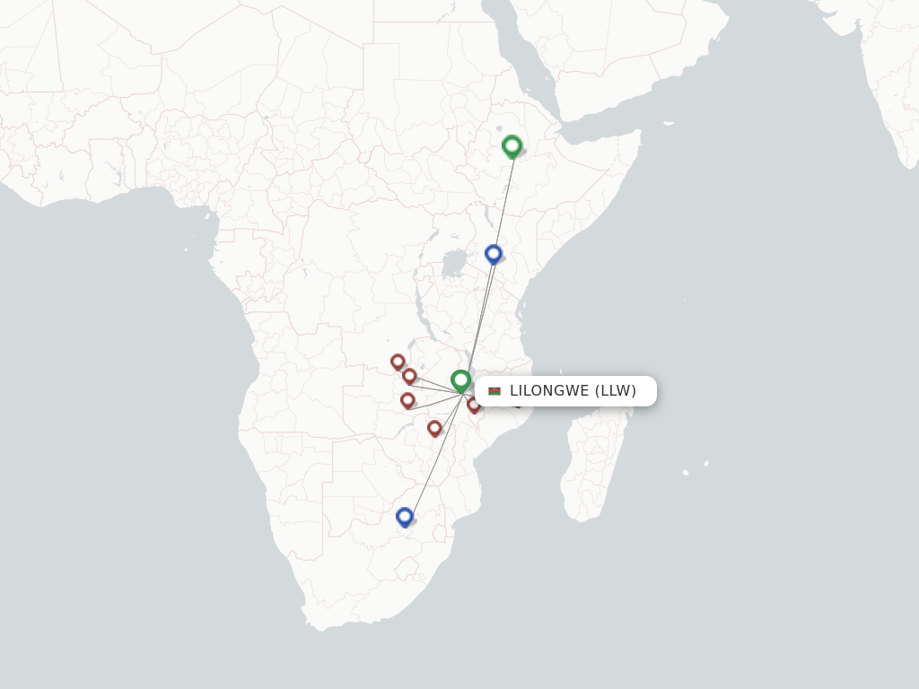 Flights from Lilongwe to Lusaka route map