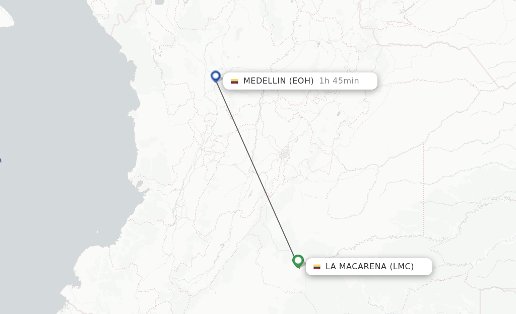 Flights from La Macarena to Medellin route map