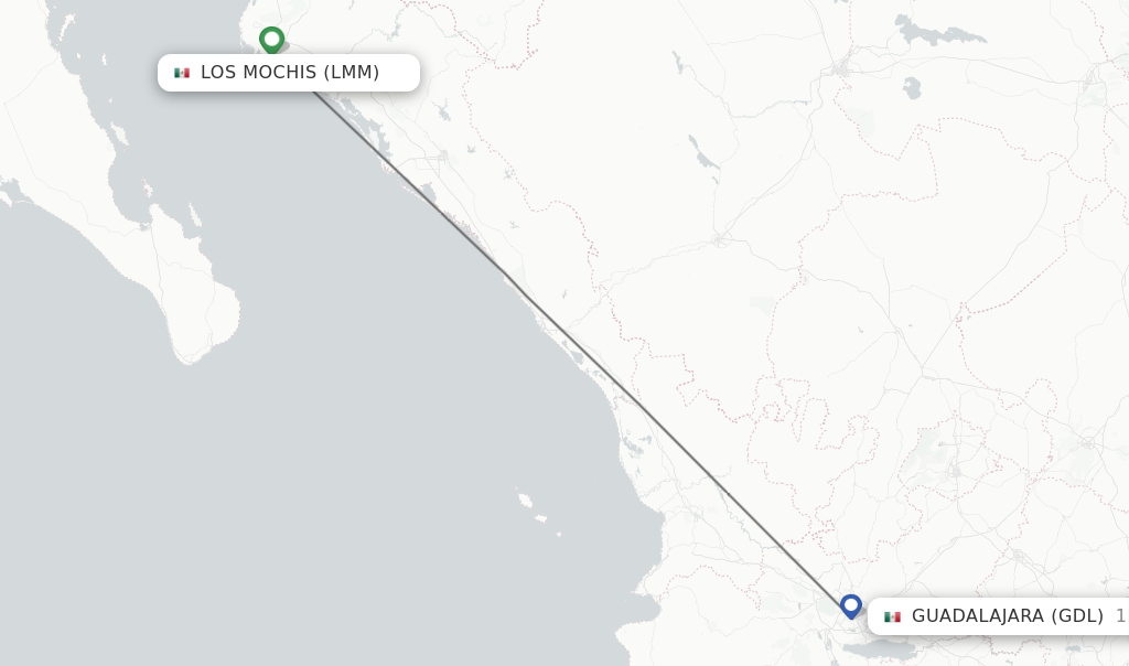 Flights from Los Mochis to Guadalajara route map