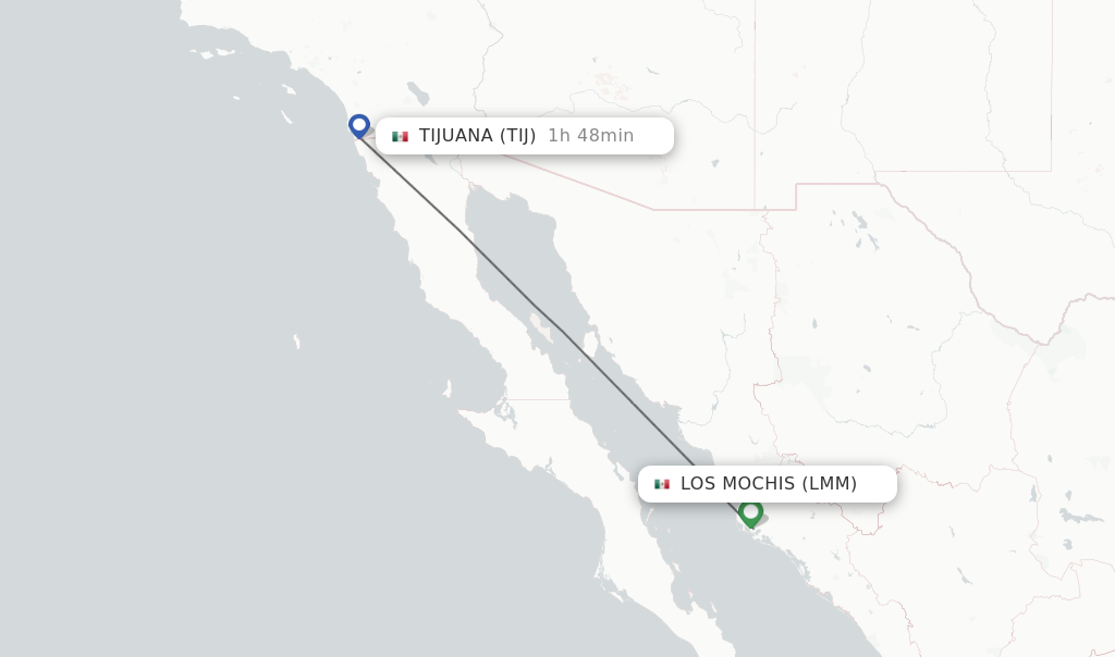 Flights from Los Mochis to Tijuana route map