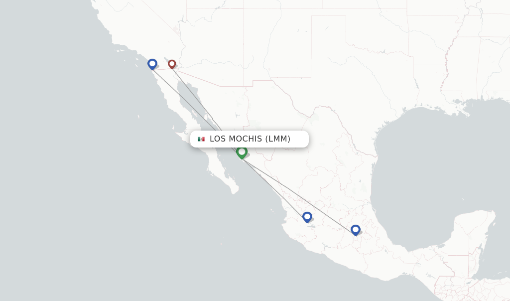 Route map with flights from Los Mochis with Volaris