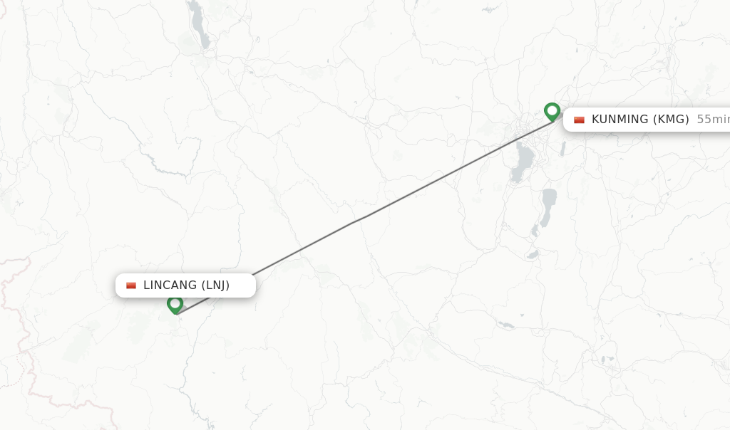 Flights from Lincang to Kunming route map