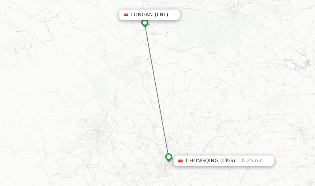 Flights from Chongqing to Longan route map