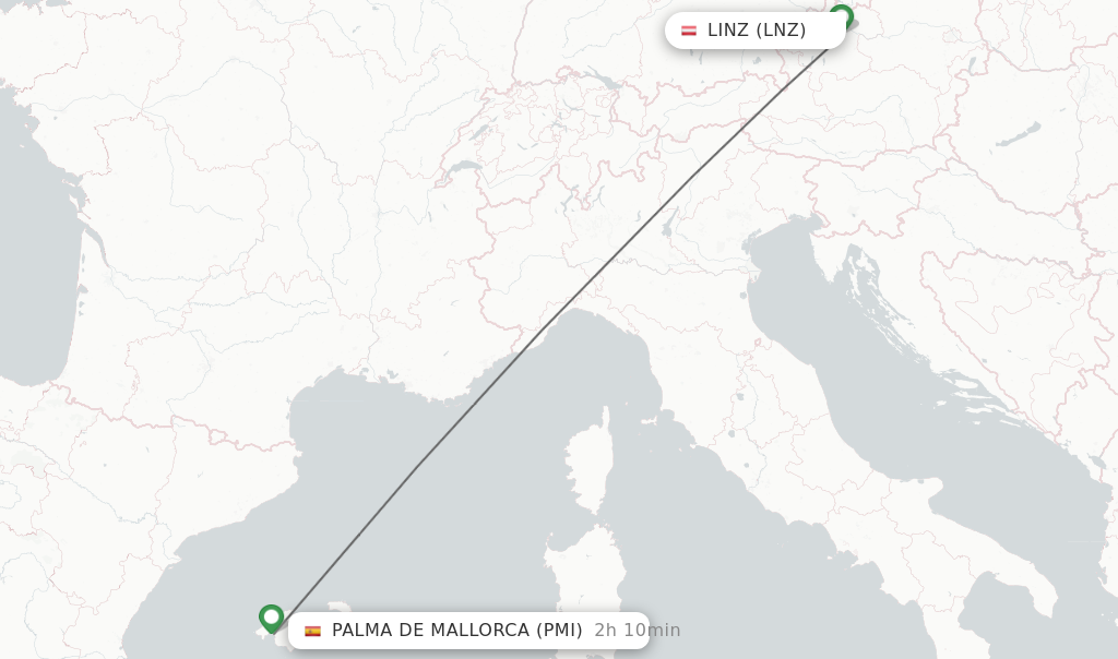 Flights from Linz to Palma de Mallorca route map