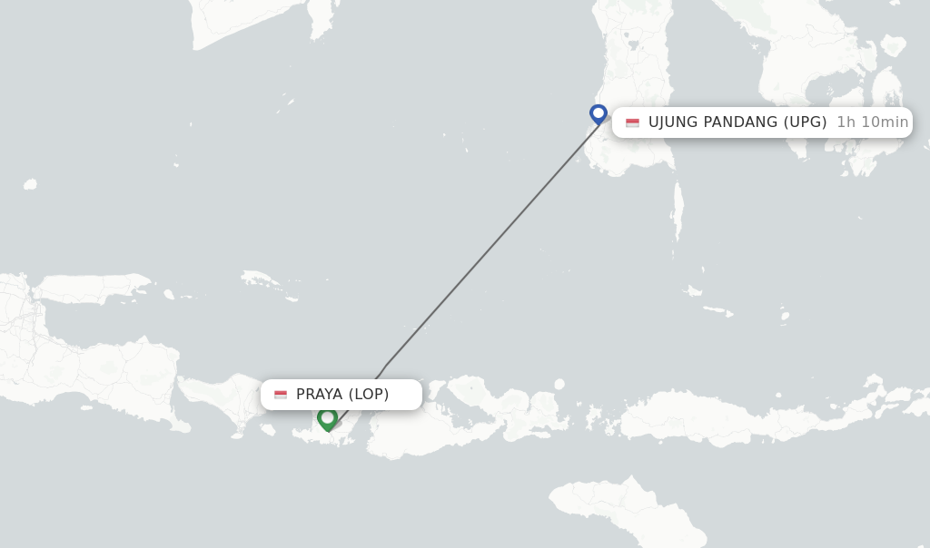 Flights from Praya to Ujung Pandang route map