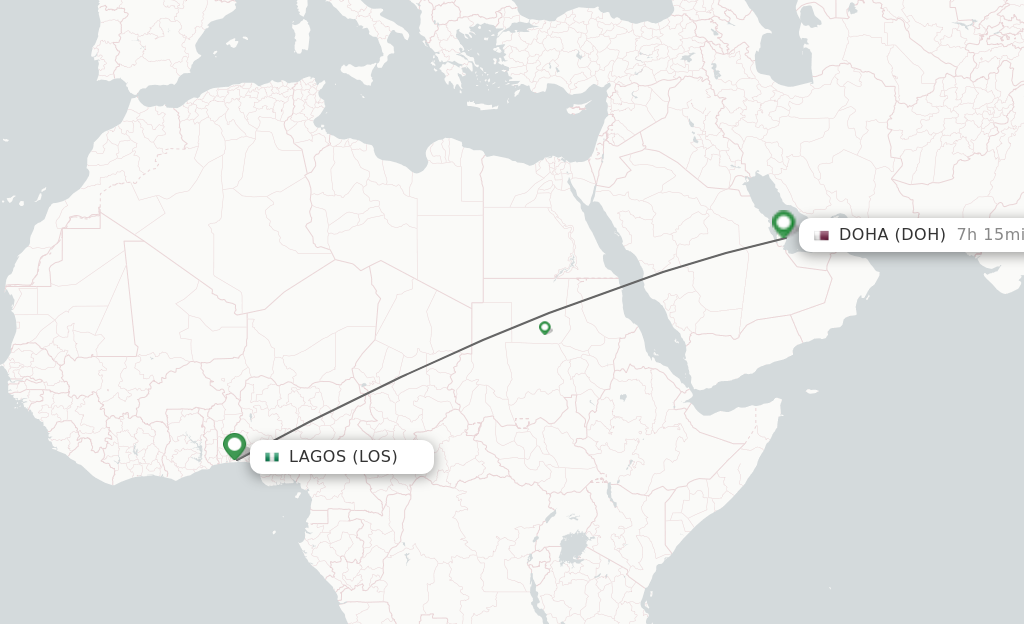 Flights from Lagos to Doha route map