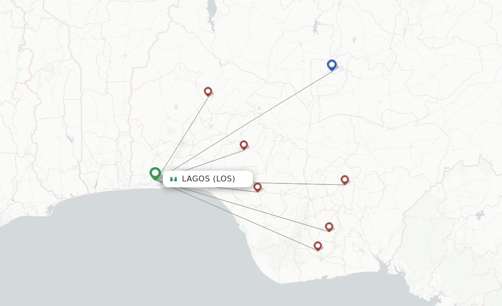 Route map with flights from Lagos with 