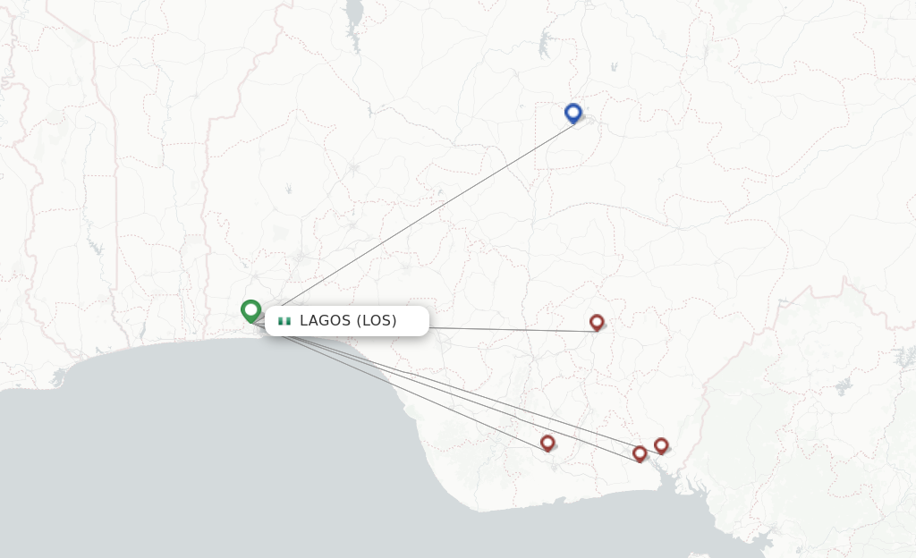 Route map with flights from Lagos with Ibom Air