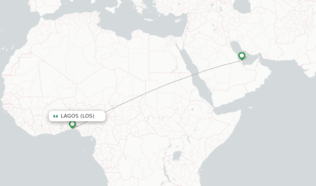 Route map with flights from Lagos with Qatar Airways