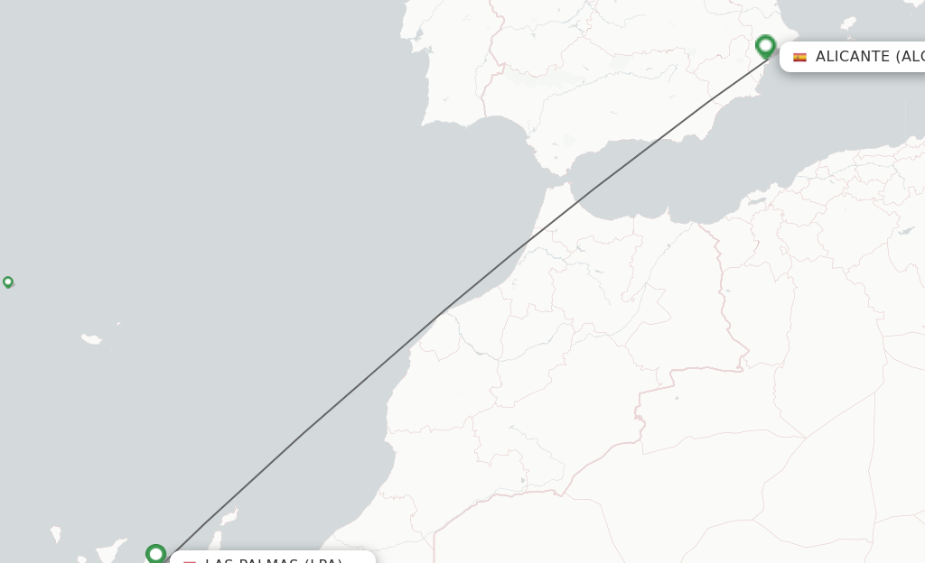 Flights from Las Palmas to Alicante route map