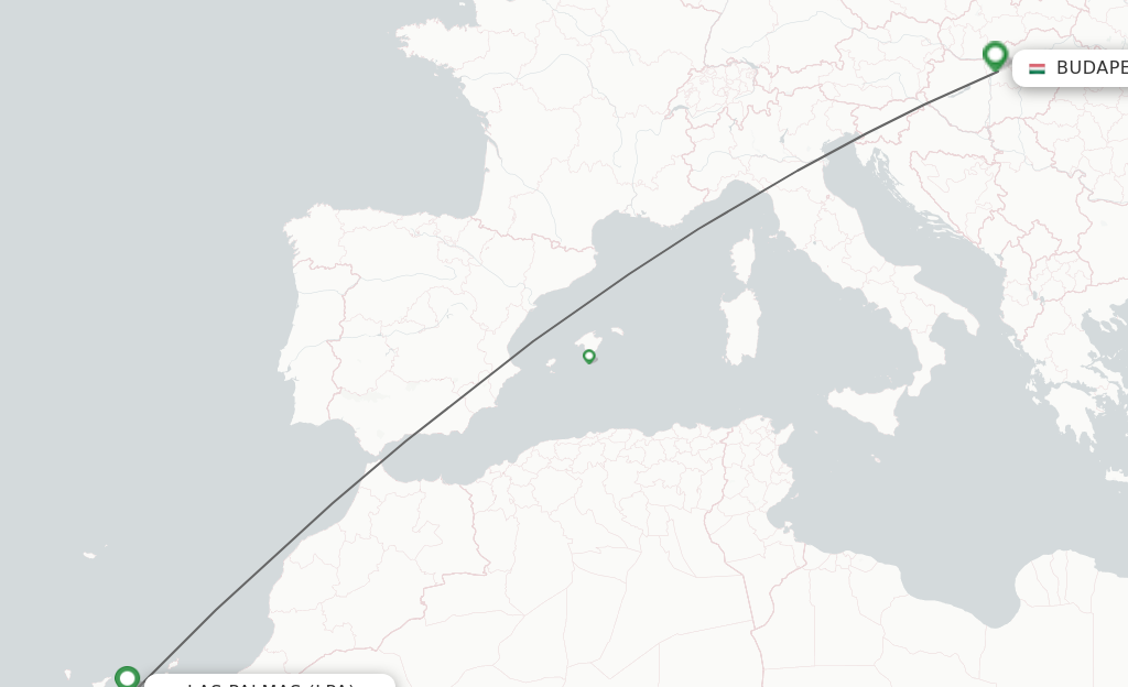 Flights from Las Palmas to Budapest route map