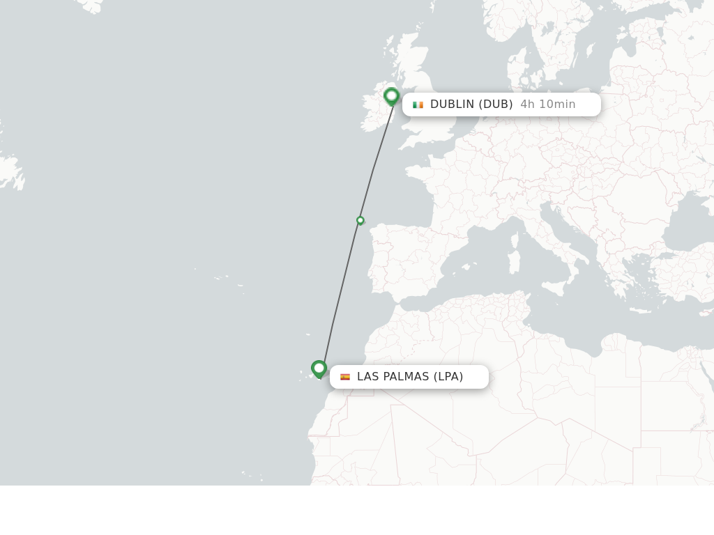 Flights from Las Palmas to Dublin route map