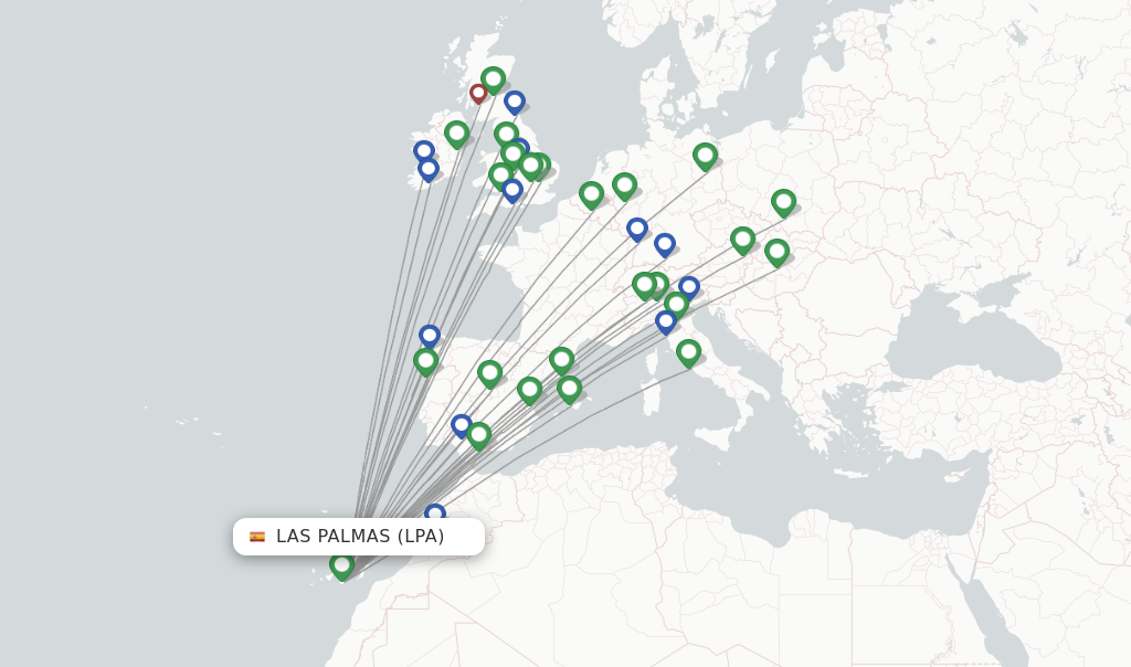 Route map with flights from Las Palmas with Ryanair