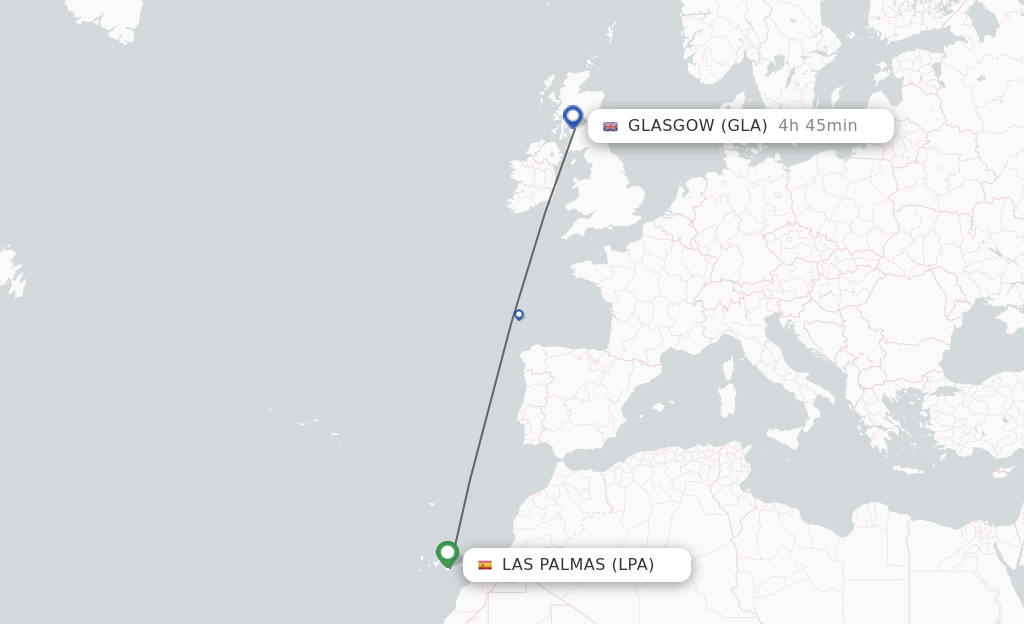 Flights from Las Palmas to Glasgow route map