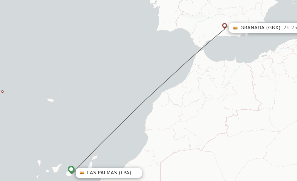 Flights from Las Palmas to Granada route map
