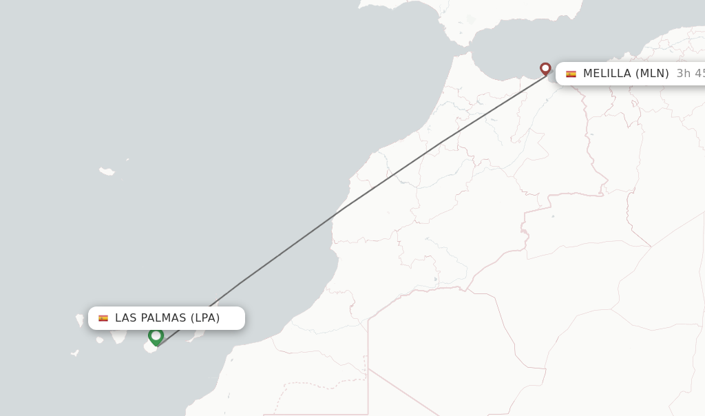 Flights from Las Palmas to Melilla route map