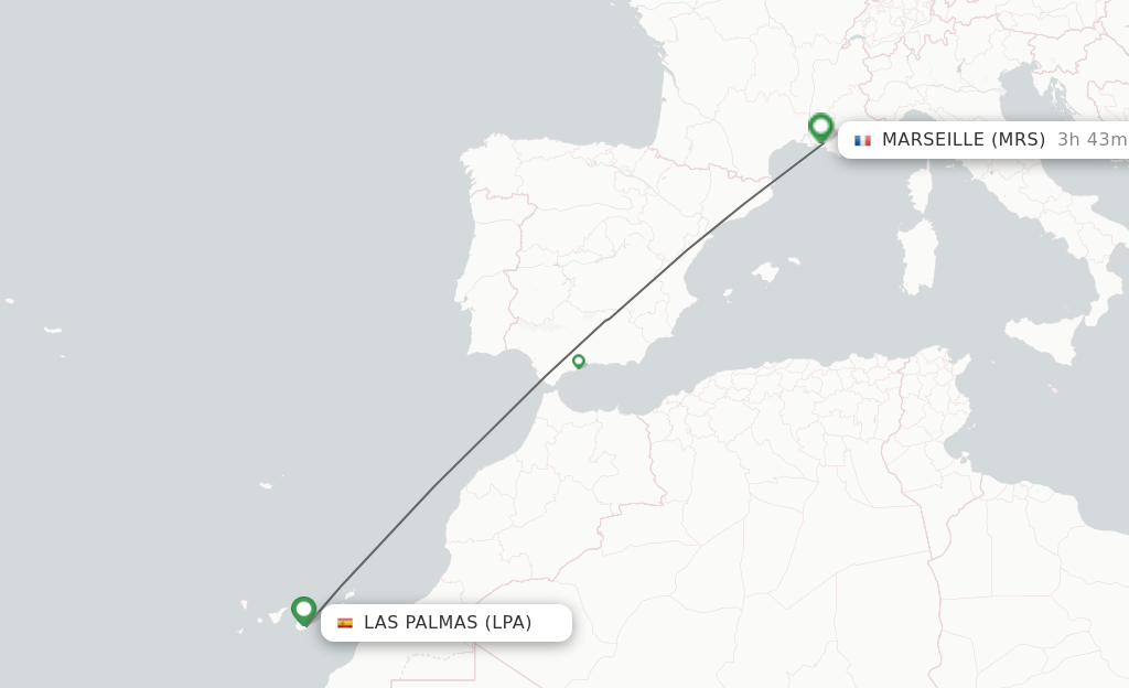 Flights from Las Palmas to Marseille route map