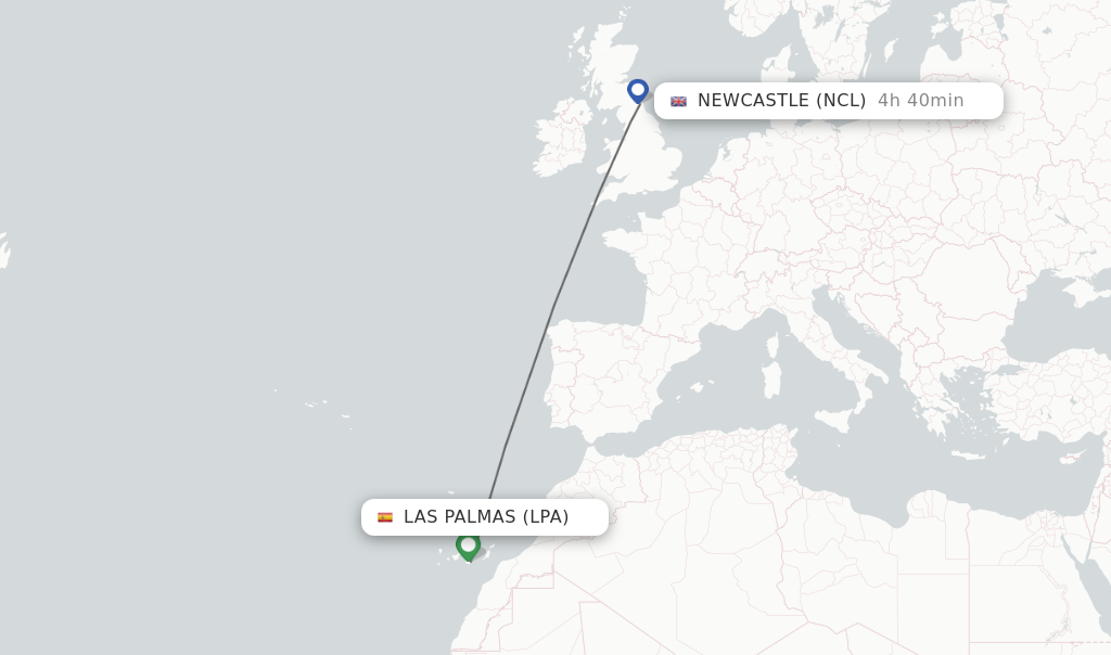 Flights from Las Palmas to Newcastle route map
