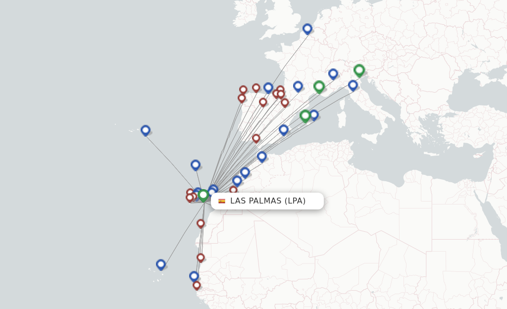 Route map with flights from Las Palmas with Binter Canarias
