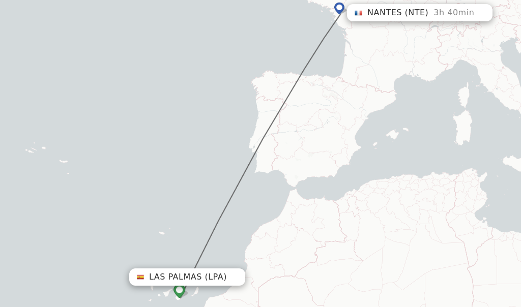 Flights from Las Palmas to Nantes route map