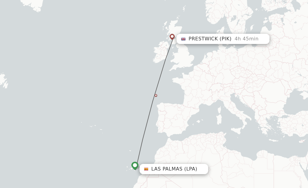 Flights from Las Palmas to Glasgow route map