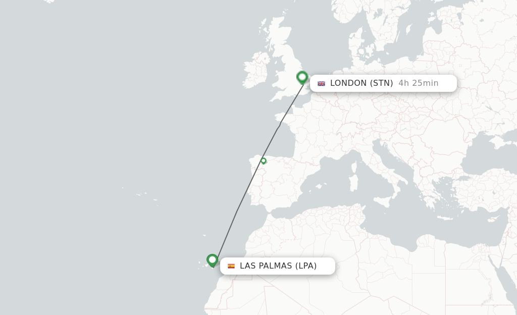 Flights from Las Palmas to London route map