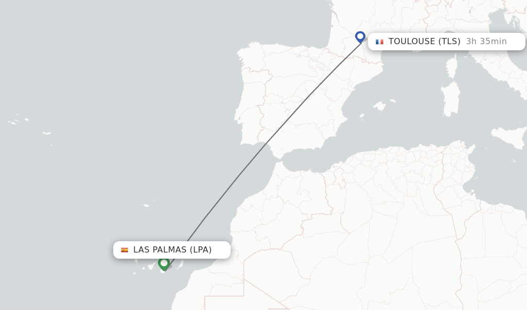 Flights from Las Palmas to Toulouse route map