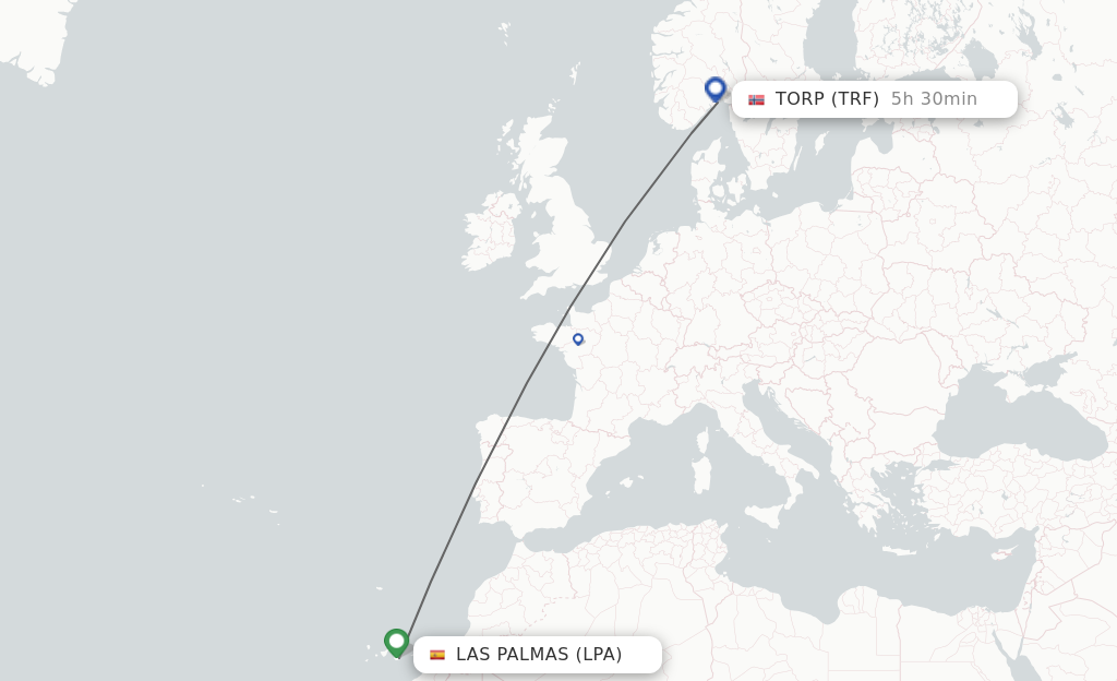 Flights from Las Palmas to Sandefjord route map