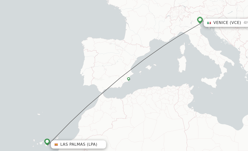 Flights from Las Palmas to Venice route map