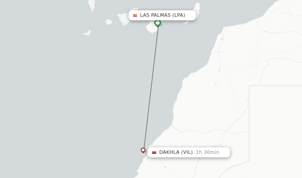 Flights from Las Palmas to Dakhla route map