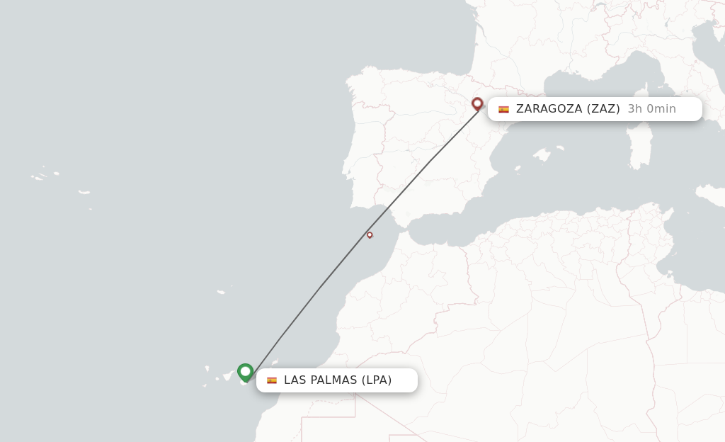 Flights from Las Palmas to Zaragoza route map