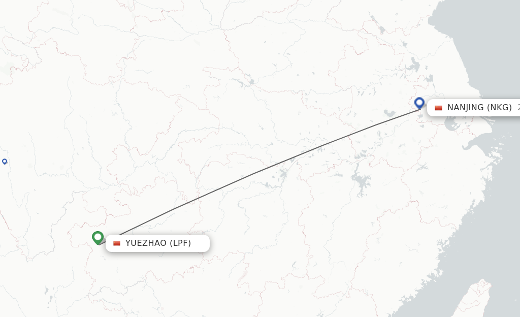 Flights from Nanjing to Yuezhao route map