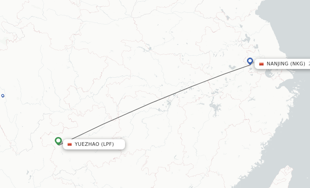 Flights from Yuezhao to Nanjing route map