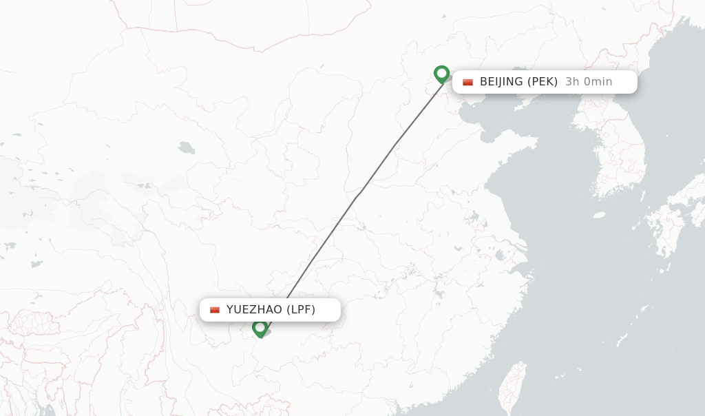 Flights from Yuezhao to Beijing route map
