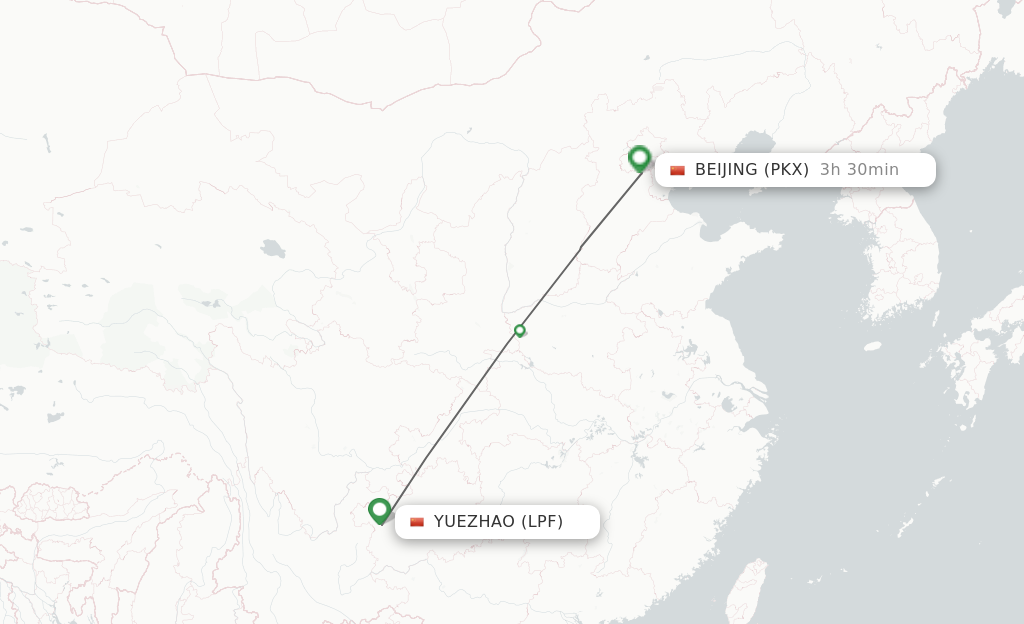 Flights from Yuezhao to Beijing route map